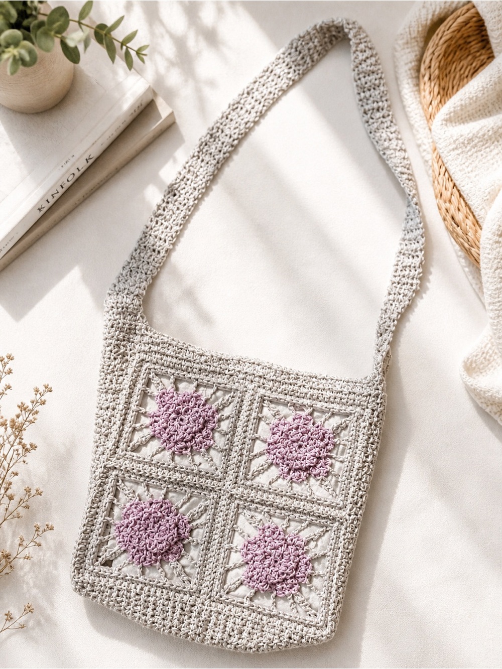 Creamy beige and Pink Crochet Shoulder Bag Granny squares boho Chic